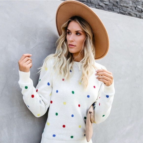 Storia Sweaters - Ivory Crew Neck Polka Dot Cotton Blend Sweater
